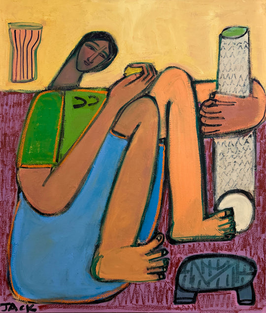Woman with foot stool, vase and lemon