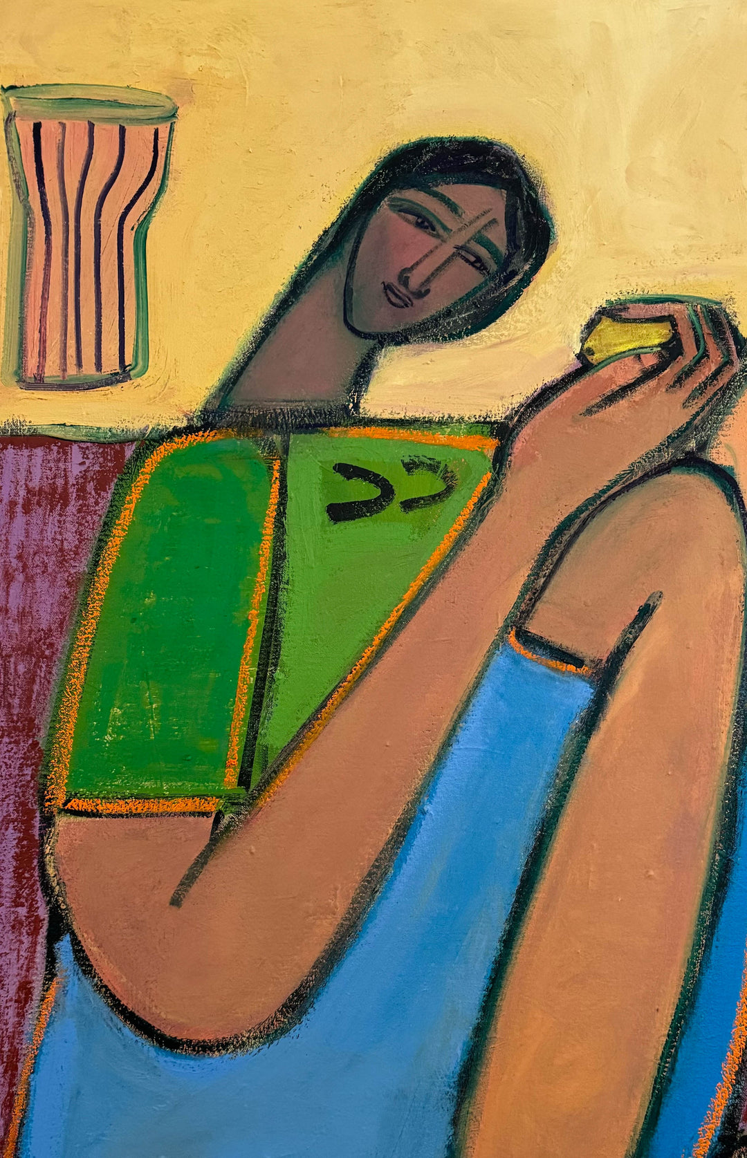 Woman with foot stool, vase and lemon